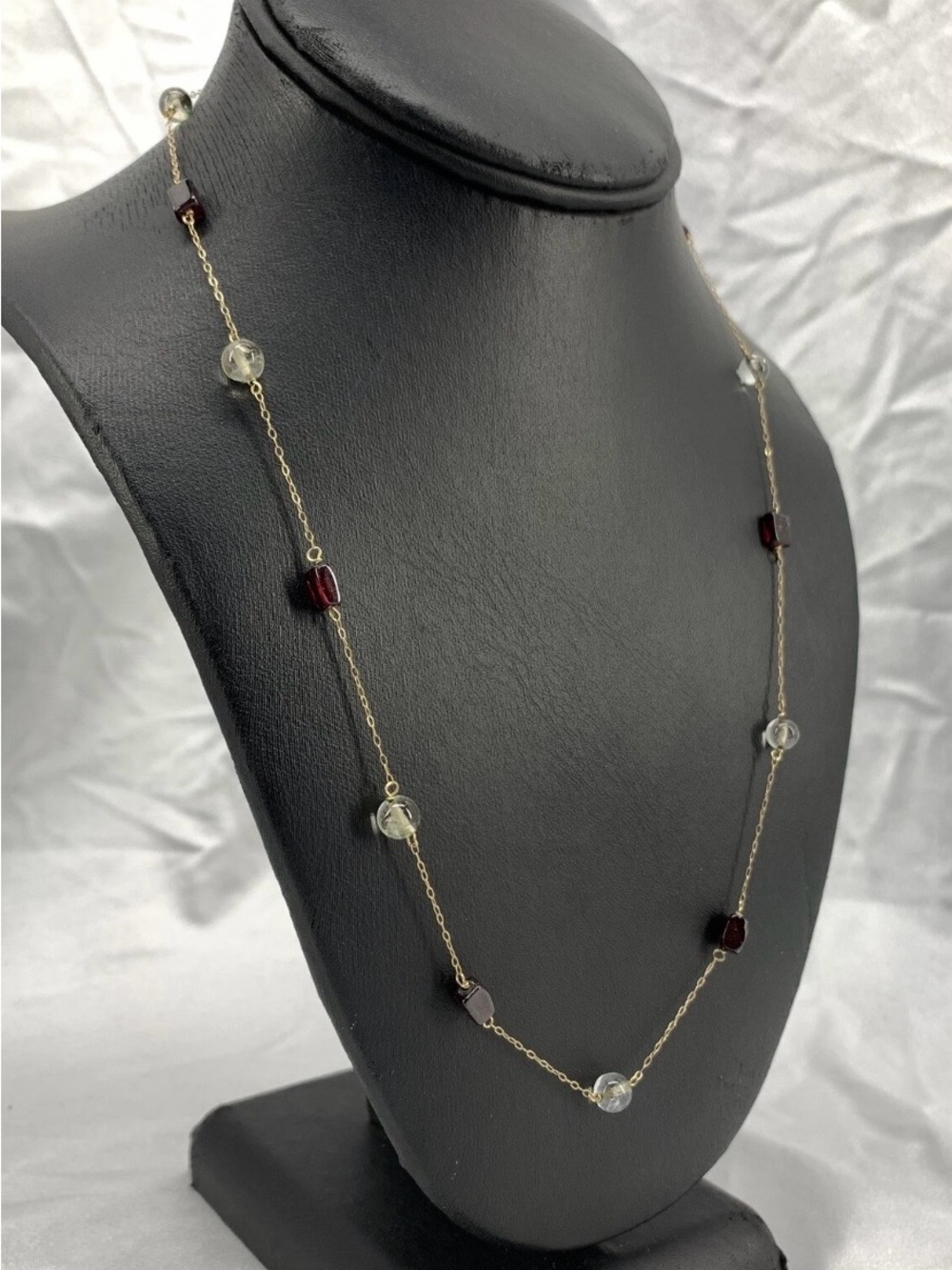 10K Gold Garnet & Quartz Beaded Necklace